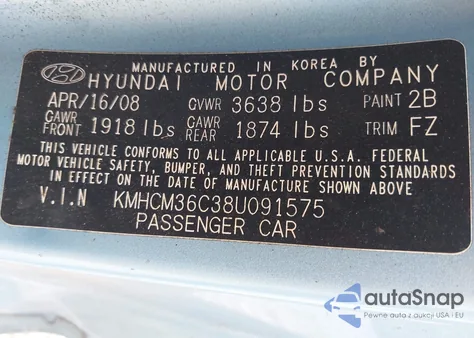 2008 Hyundai Accent Gs z USA, uszkodzony, nr VIN KMHCM36C38U091575